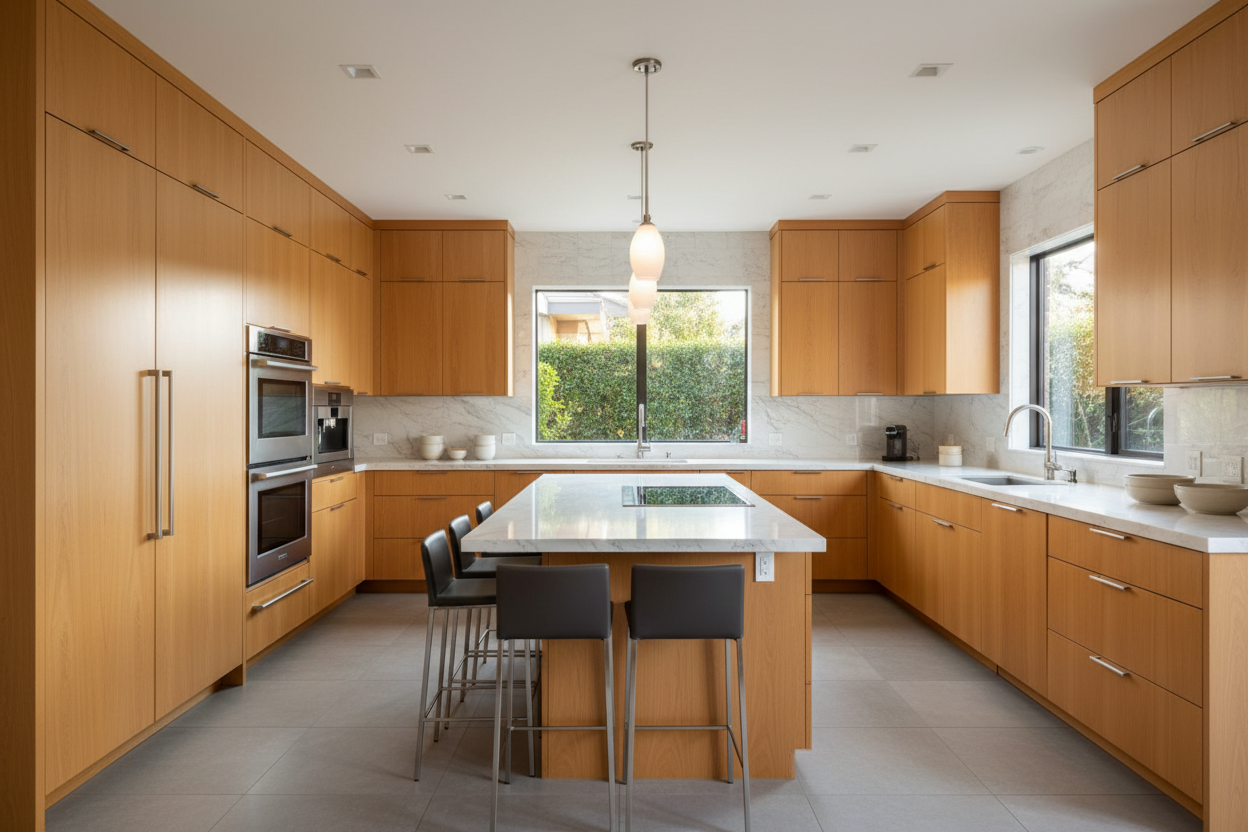 Upscale San Jose kitchen with integrated refrigerator and wall oven