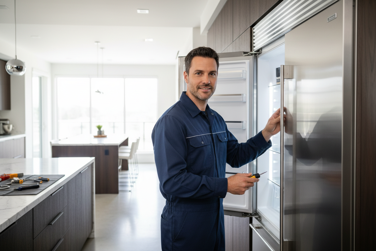 Professional appliance repair technician inspecting a built-in refrigerator